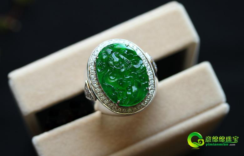 老坑玻璃种帝王绿翡翠A货玉貔貅镶金钻男士戒