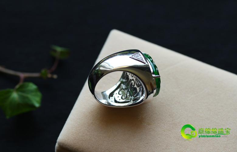 老坑玻璃种帝王绿翡翠A货玉貔貅镶金钻男士戒