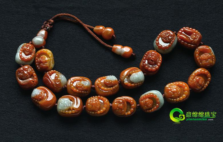 缅甸俏色巧雕天然红翡翠a货十八金刚罗汉护身玉手链-意绵绵珠宝