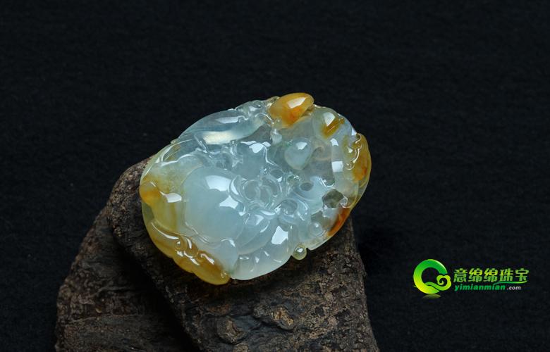 老坑冰种天然黄翡翠A货玉挂件-花开富贵