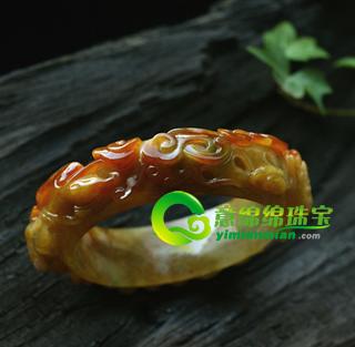 老坑糯冰种红黄翡翠A货玉貔貅雕花手镯53