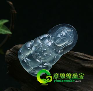 老坑玻璃种强荧光A货翡翠玉观音挂件-祥和平安