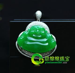 老坑玻璃种天然满绿翡翠A货镶金钻玉弥勒佛吊坠