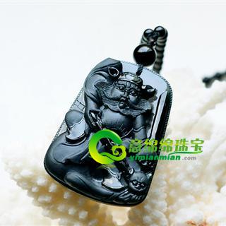 天然翡翠A货老坑冰种墨翠玉挂件-钟馗 