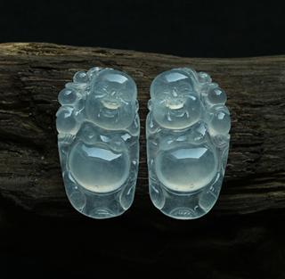 缅甸老坑冰玻璃种天然翡翠A货玉弥勒佛吊坠一对