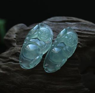 缅甸老坑玻璃种天然翡翠A货玉弥勒佛挂件-亲情对佩
