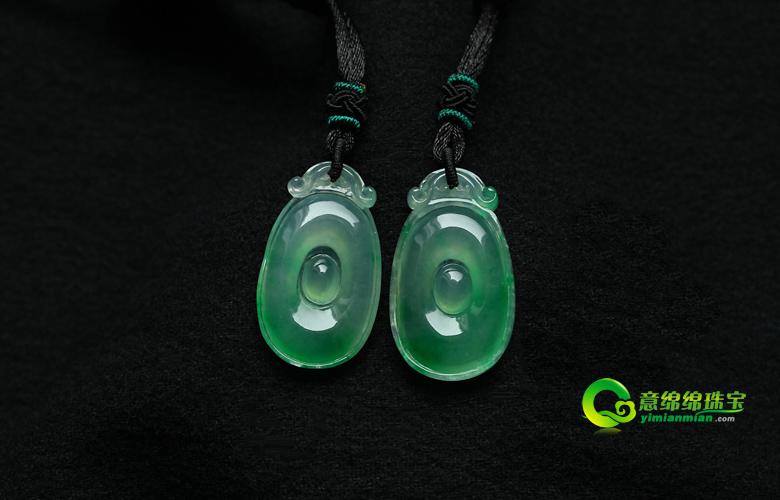 缅甸老坑玻璃种天然绿翡翠A货玉平安扣吊坠-情侣对佩-意绵绵珠宝