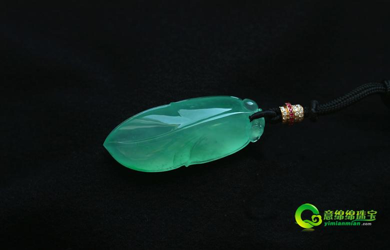 缅甸老坑玻璃种天然满绿翡翠A货玉树叶子挂件-金枝玉叶-意绵绵珠宝