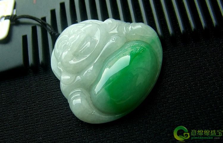 缅甸冰种弥勒佛秧苗绿翡翠挂件 A货翡翠玉佛吊