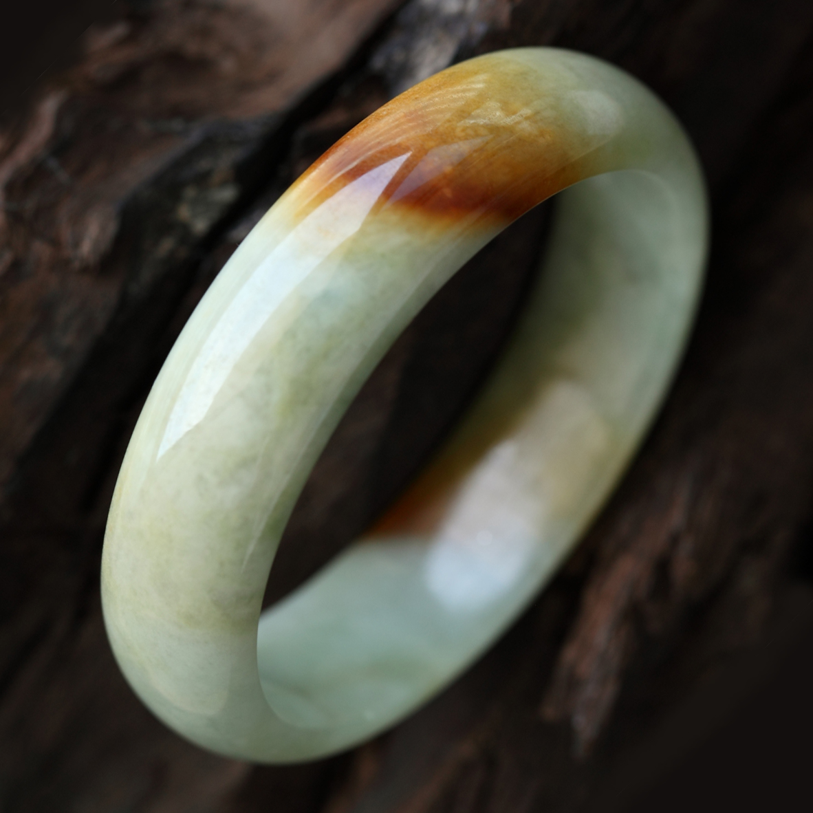 珠纱遮面缅甸天然翡翠A货糯种飘黄翡贵妃手镯 内径52mm