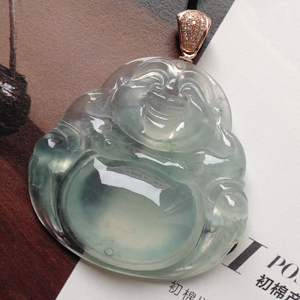 碧波浩渺天然缅甸老坑A货高冰种翡翠笑佛挂件